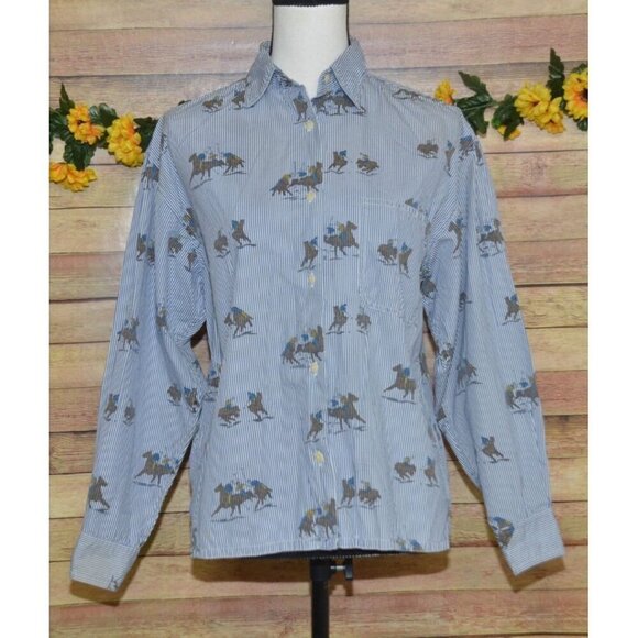 British Khaki Tops - Vintage Rare Ladies 10 British Khaki Blue Pinstripe Button Down Shirt Polo Horse